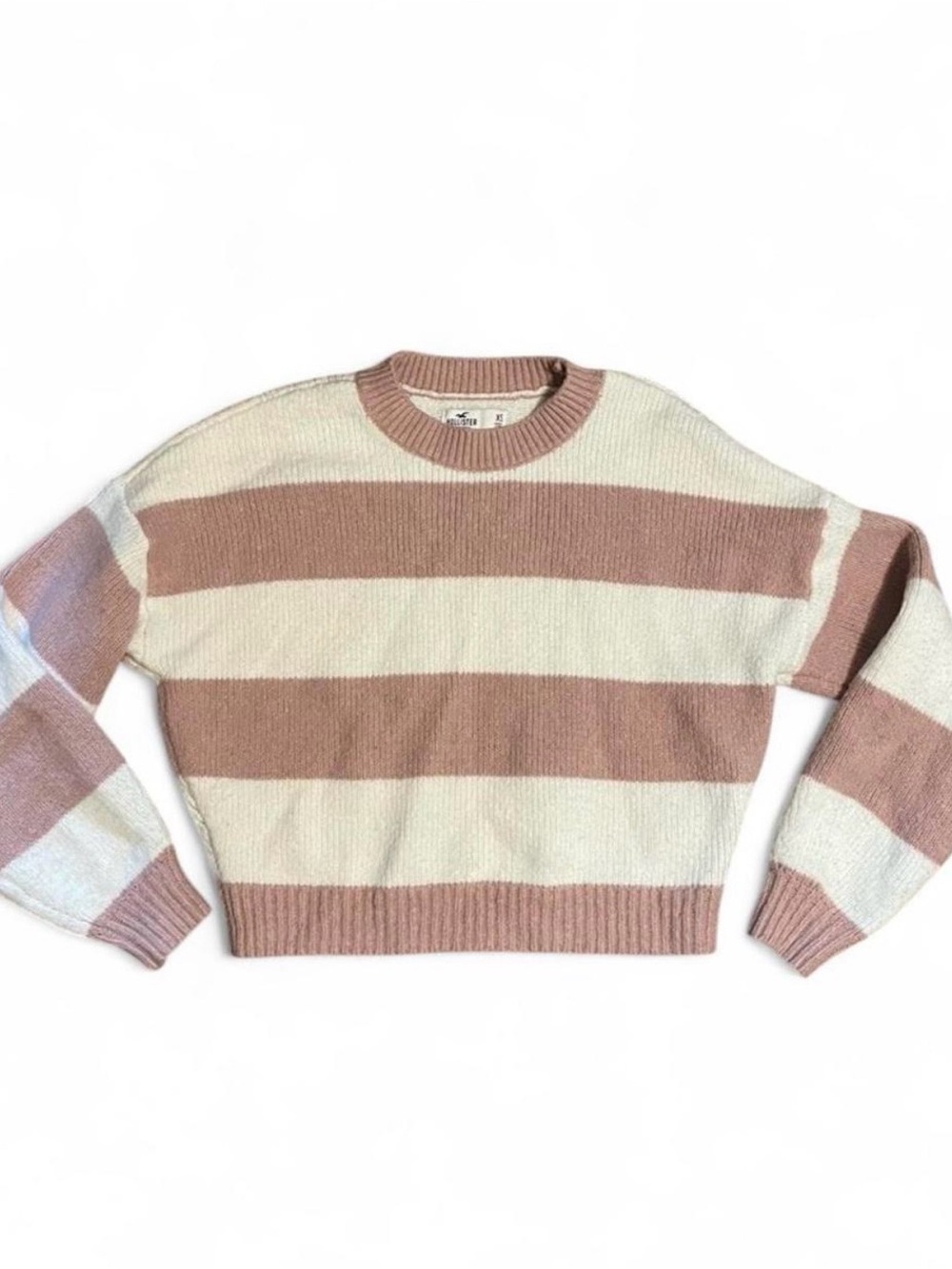 Hollister Striped Crewneck Sweater - Pink and White